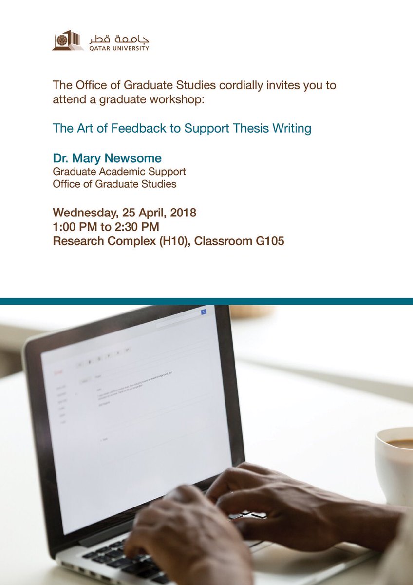 gasuqu's tweet photo. Join Dr Mary Newsome on The Art of  feedback to support Thesis writing on the 25th of April #Qatar_University #GASU #ResearchFeedback #Thesis #Gradchat https://t.co/LYII5h33UT