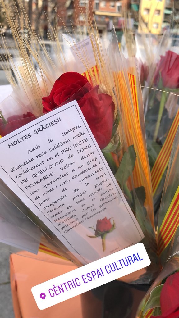 VinuesaRuben's tweet photo. Feliç Sant Jordi!!! Venda de roses solidàries amb els alumnes de @escolamdcprat!! Així donem suport als nois i noies de la casa d’acollida Juana Gratias (CAJUG) de Quellouno, Perú. https://t.co/RpHg3PTiZ2