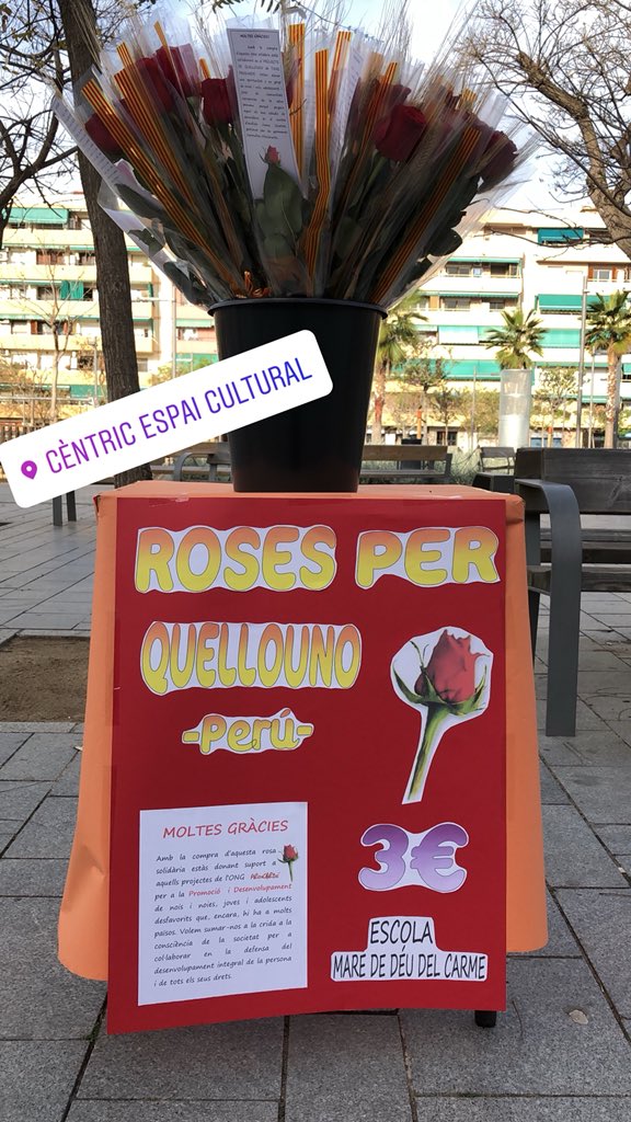 VinuesaRuben's tweet photo. Feliç Sant Jordi!!! Venda de roses solidàries amb els alumnes de @escolamdcprat!! Així donem suport als nois i noies de la casa d’acollida Juana Gratias (CAJUG) de Quellouno, Perú. https://t.co/RpHg3PTiZ2
