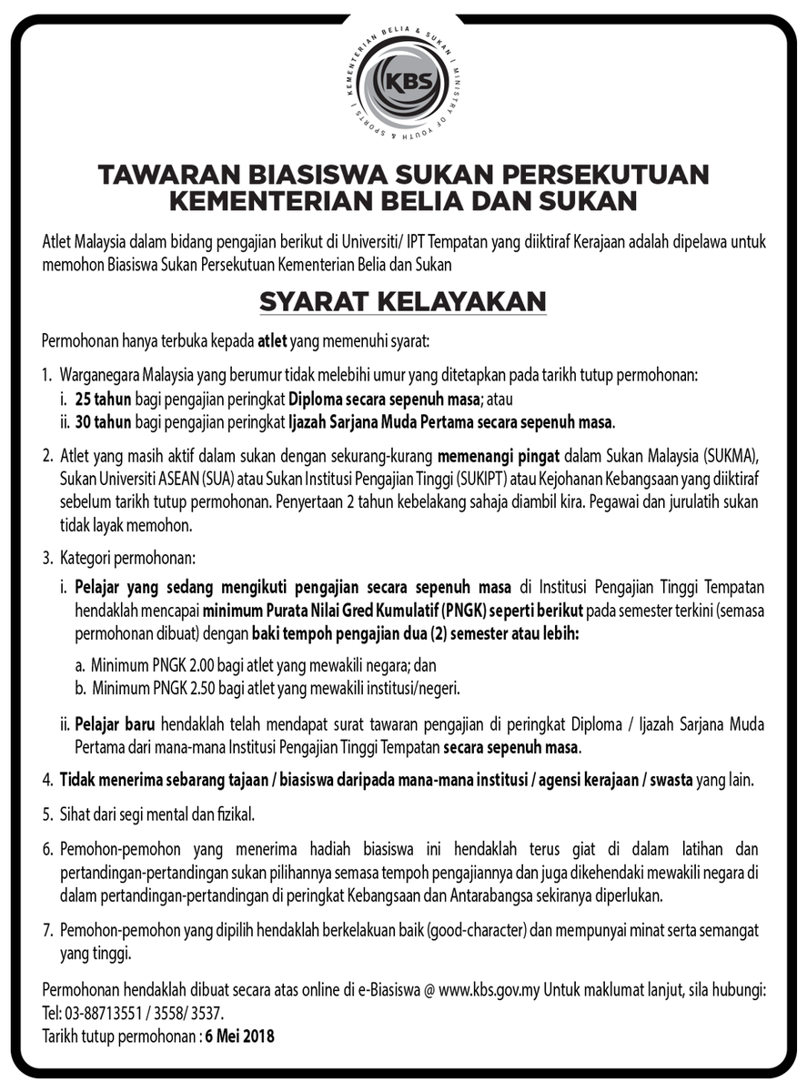 Ukm Malaysia Auf Twitter Kementerian Belia Sukan Kbs Membuka Tawaran Biasiswa Sukan Persekutuan Bsp Bagi Tahun 2018 Permohonan Secara Atas Talian Online Di Https T Co 6cuxzeoafy Mulai 22 April 2018 Hingga 6 Mei