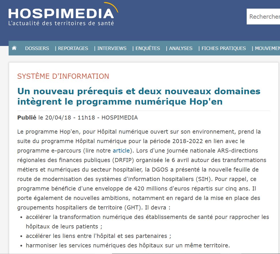 ePatientDigital's tweet image. Hop'en, le programme #hôpital #numérique 2018-2020 intègre 
➡️les services en ligne vers les #patients-usagers 🖥️
comme nouveau domaine fonctionnel prioritaire.
Via @HOSPIMEDIA abonnes.hospimedia.fr/articles/20180…