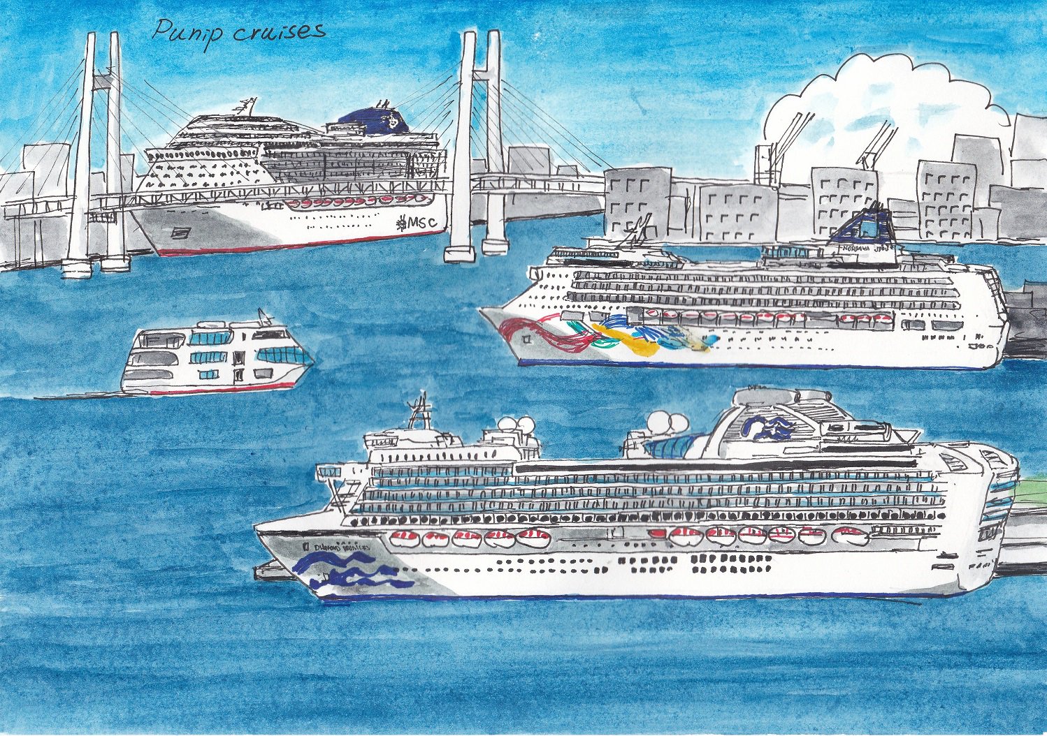 Punip Cruises プニップ クルーズ 船体解剖図 今度の金土の横浜港は超大型クルーズ客船祭り 一番すごい28日の横浜港を絵にしてみた 上から順にmscスプレンディダ ノルウェージャン ジュエル ダイヤモンド プリンセスの3隻で合計総トン数約３４万