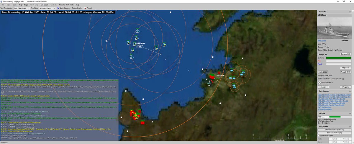CommandDevTeam's tweet photo. "As the amphibious group enters the landing area, the first troops are put ashore. With an Etendard IVP providing recon overhead, Iowa starts to engage enemy infantry units with 16-inch gunfire."
#CMANO #NorthernInferno AAR#13 - Deliverance
https://t.co/mfl6imkts1 https://t.co/Wumt2GZW6I