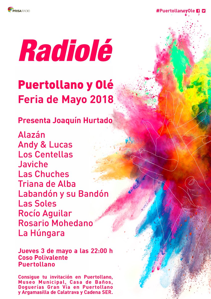 RadioleCLM's tweet photo. 🔴 INVITACIONES 🔴 Ya puedes conseguir tu invitación para #PuertollanoyOlé 03/05 ¡Corre a por la tuya! @Radiole_oficial ¡Alégrate! @joaquin1hurtado @aytopuertollano @SER_Ciudad_Real @felixser @AFCalamardo @ARAMASMI40 @currogarciamusi @lahungarasonia @maytefmolina https://t.co/Uc5MNHlm47