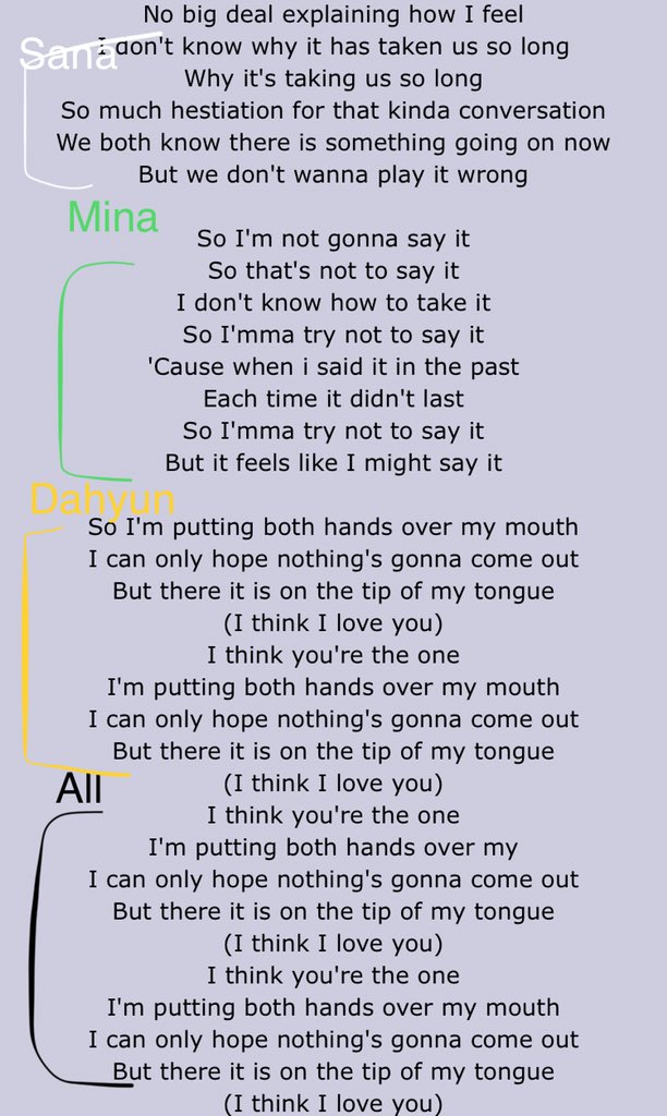(For reference Tongue is a song by MNEK and I did a basic outline of who sings what parts not including ad libs and what not I promise Sana kills ad libs and harmonies and doesn’t only sing one part shxksm)