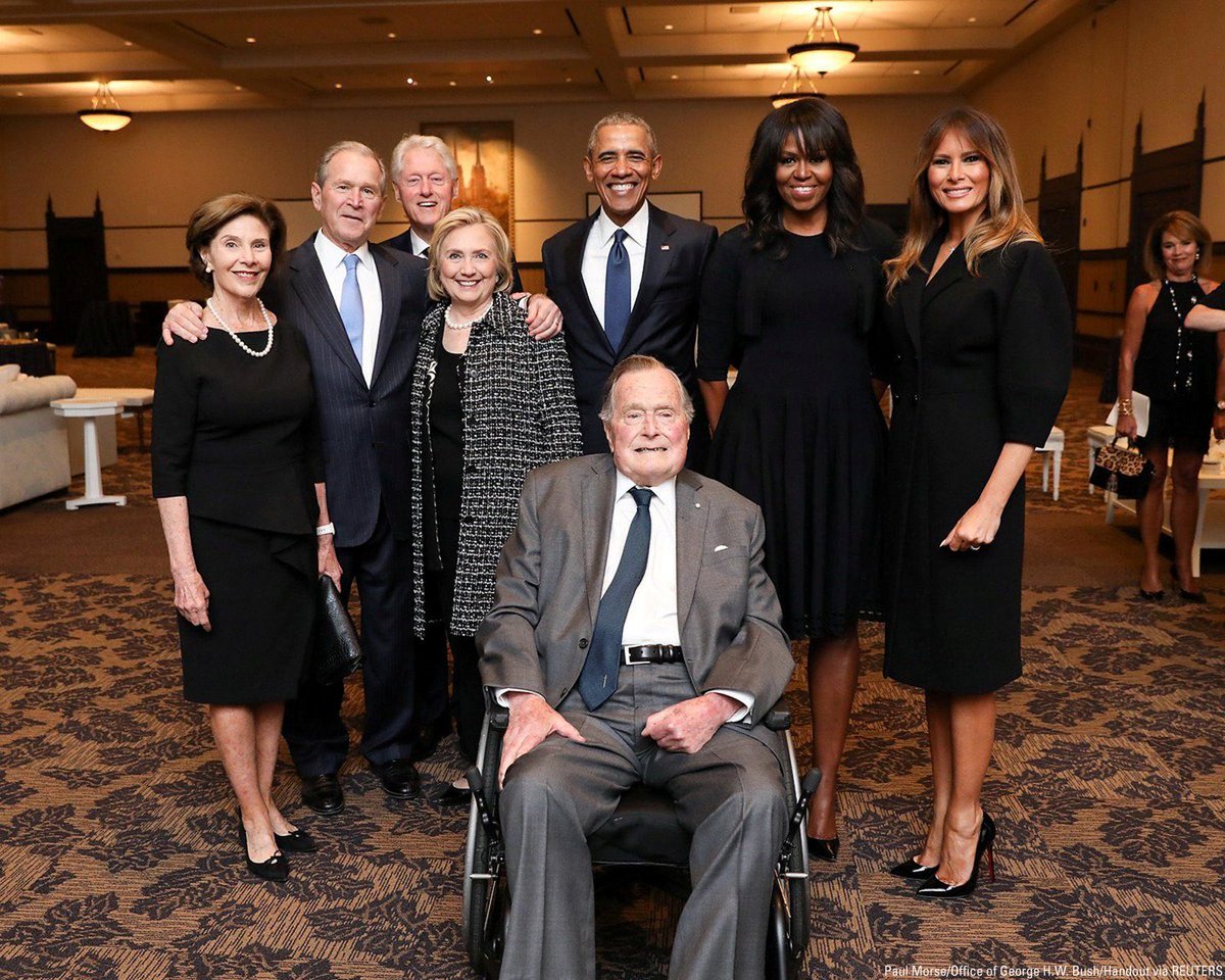 FoxNews's tweet photo. Former U.S. presidents and former U.S. first ladies @laurawbush, George W. Bush, @BillClinton, @HillaryClinton, @BarackObama, @MichelleObama, and @FLOTUS pose with former President George H.W. Bush at the funeral of former First Lady Barbara Bush. https://t.co/K0uzjBCLVO https://t.co/c3G7S27XOP