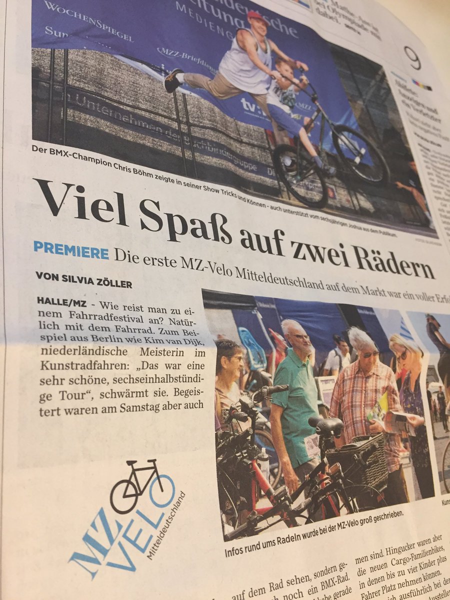 „Voller Erfolg“ titelt heute die #MitteldeutscheZeitung über die erste #MZ-Velo auf dem #Marktplatz in #Halle. Wer nicht dabei war, zum Nachlesen heute ausführlich im #SaaleKurier. #Fahrrad #eBikes #Falträder #Kunstradfahren #BMX #Fahrradfestival #Velo #Radpartie