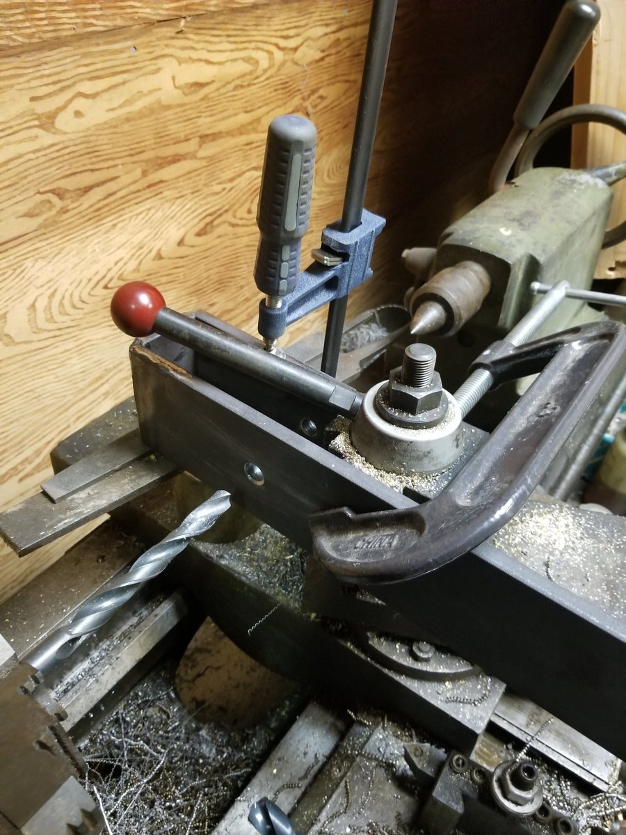 FunGizmos's tweet image. When your drill press Chuck isn't big enough, you can use the lathe to drill a hole instead.  #creativemachining