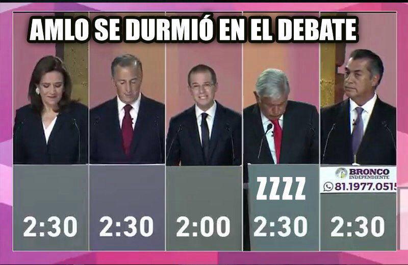 Un resumen del #DebateINE 

AMLO: No contestó, se quedó dormido.
Anaya: Preparado con argumentos y pronunciamiento para todos.
Meade: Posando como spot.
Margarita: Tampoco hubiera ido.
El Bronco: Quiere cortar manos.
 
#DebatePresidencial #YoDebatoMx