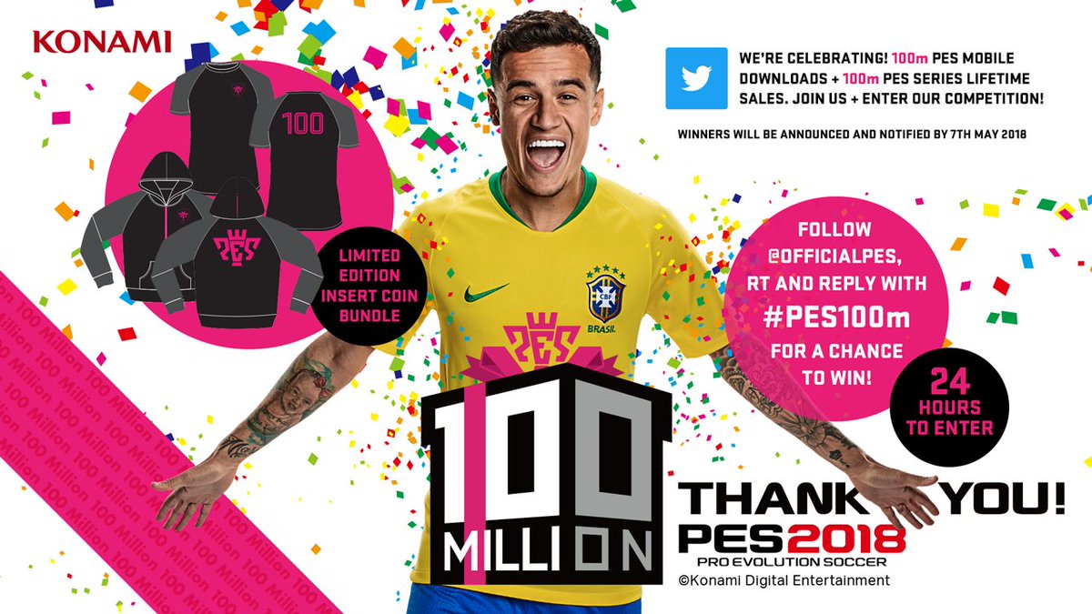 play_eFootball's tweet photo. [COMPETITION] Today's 100m celebration prize, a limited edition @InsertCoinTees t-shirt and hoodie bundle!

For a chance to win follow us, RT this + reply with #PES100m. You have 24 hrs to enter. Good luck! https://t.co/nHKWC6wHfo