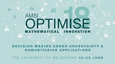 FedUni_STEM's tweet photo. Join the #FedUni_FoST Centre for Informatics and Optimisation (CIAO) team at AMSI Optimise 2018, in #Melbourne 18 - 22 June. The theme is Decision Making under Uncertainty & Humanitarian Applications. Registrations & information at https://t.co/HTafLT0Pzl #optimise #discoverAMSI https://t.co/ycIUT6lcmF