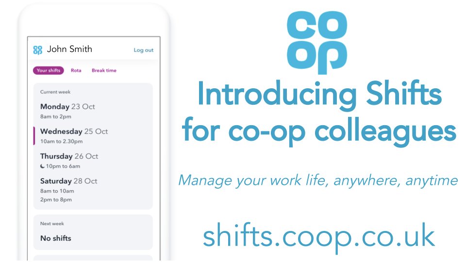 The wait is over, #Shifts is now live to all Co-op Food store colleagues!  
View your schedule anywhere, anytime goo.gl/maSjX8