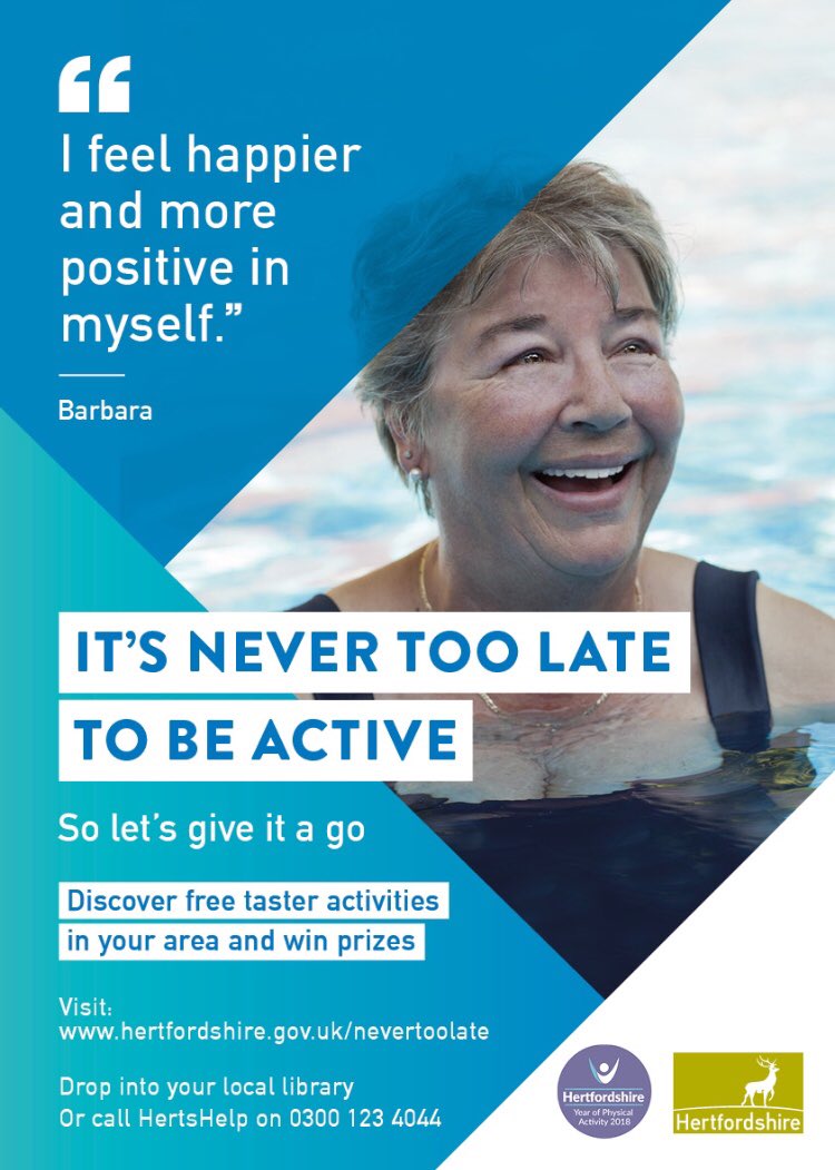 ✨Launching today!

🔊#Herts Physical Activity Campaign for older people

🗣Please RT/let anyone know who could be interested

✅12 week’s support
✅Free local activity pass, +1
✅Lots of ideas to get more active

Sign up here! ➡️surveys.hertfordshire.gov.uk/s/nevertoolate…

#NeverTooLateHerts