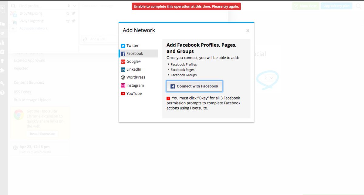 thoughtbees's tweet photo. @hootsuite @Hootsuite_U We are trying to add @facebook business page to the Hootsuite and tried 25 times still we get an error "Unable to complete this operation. Please try again". Could someone help here? https://t.co/twXHR7E2PS