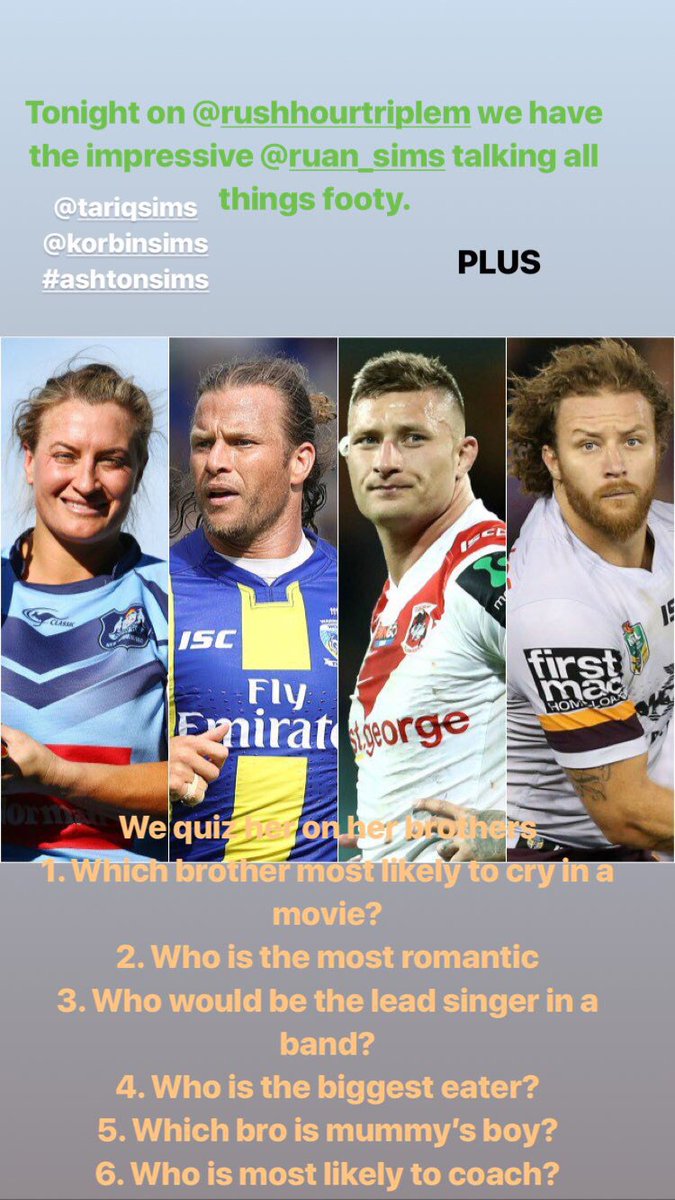 Tonight on the <a href="/RushHourTripleM/">The Rush Hour NSW</a> what is your #bigcallmonday also we have the highly impressive <a href="/ruan_sims/">Ruan Sims</a> who gives us all the insights on her 3 rugby league star brothers <a href="/ashtonsims26/">Ashton Sims</a> <a href="/tariq_sims/">tariqsims</a> <a href="/korbinsims/">Korbin Sims</a> #rushhourwithMG