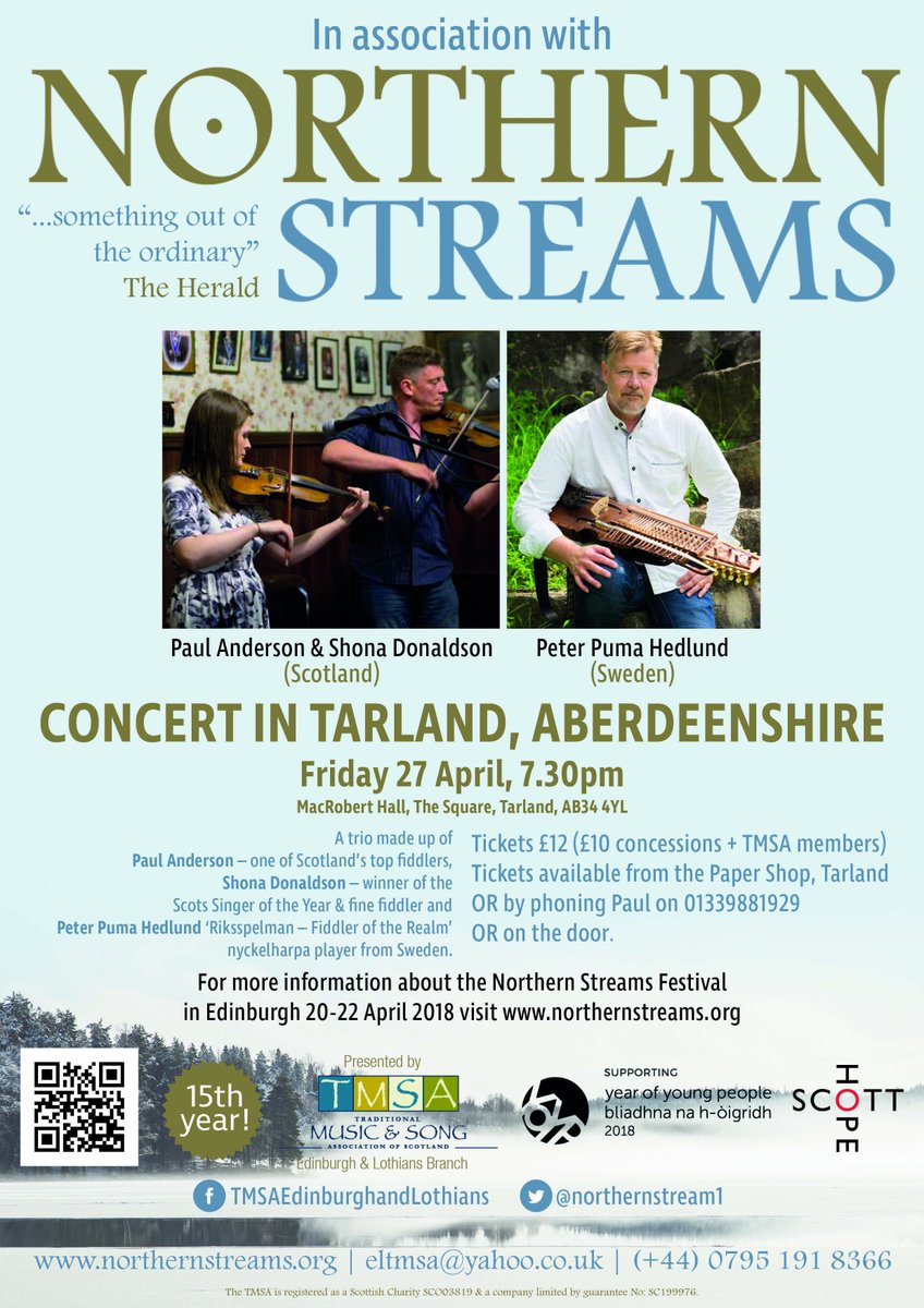 TMSAScotland's tweet photo. #NorthernStreams is holding a concert the MacRobert Hall, (Tarland AB34 4YL); 7.30pm Friday 27 April! If you couldn't make it down to Edinburgh for the Grassmarket Centre events, don't miss @PeterPuma, @PaulAnd79837722 & Shona Donaldson perform! https://t.co/rjeDBz3EKk for info. https://t.co/ycMfXc3Wn3