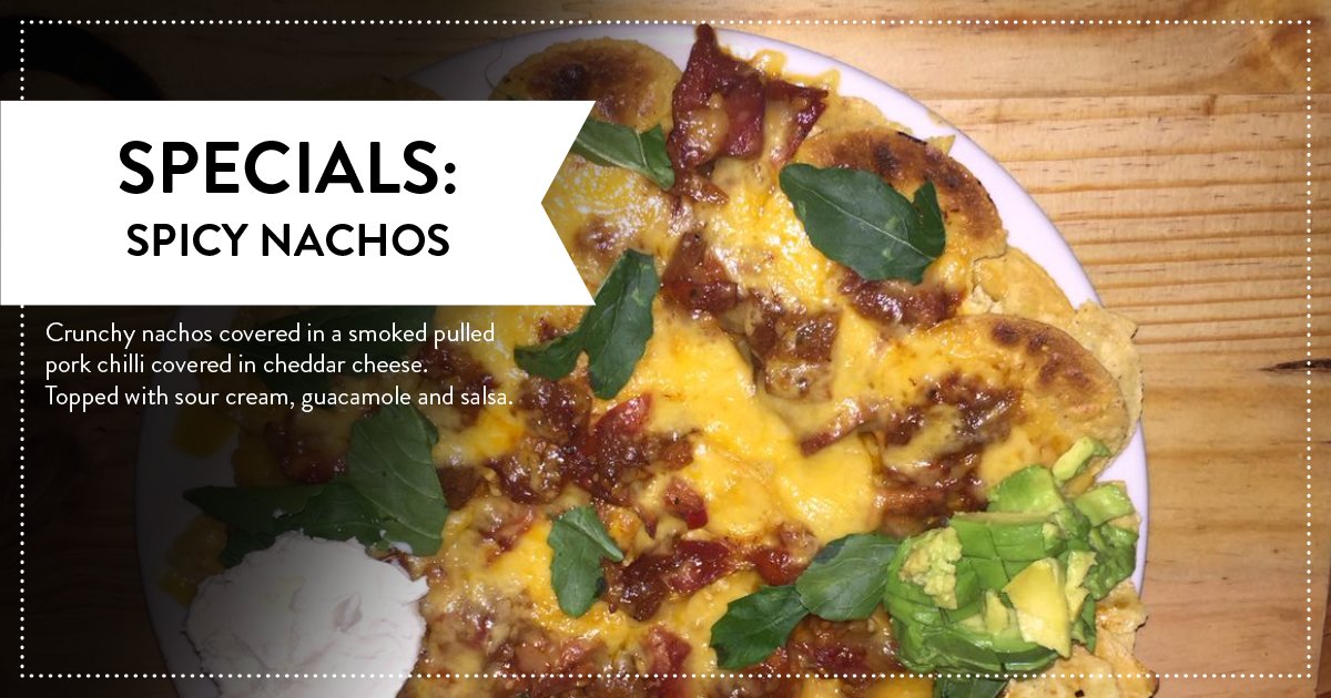 On our Specials menu! Spicy Pork Nachos! Order it while you still can, new specials coming soon!
