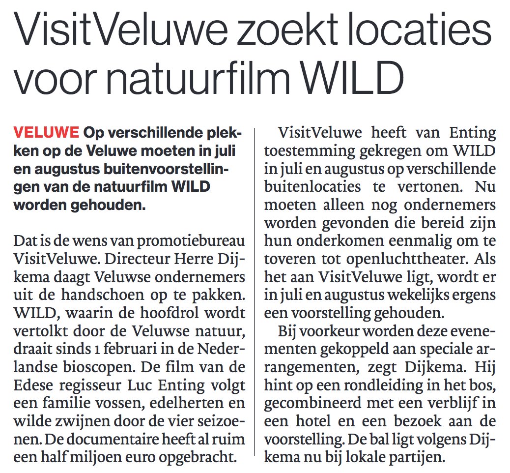 .<a href="/visitveluwe/">VisitVeluwe</a> zoekt ondernemers die hun onderkomen willen omtoveren tot openluchttheater voor de natuurfilm WILD. Wie pakt de handschoen op?