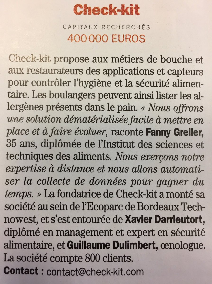 Bdx_Technowest's tweet photo. AprĂšs @Skeyetech lâan passĂ©, câest au tour de @Check_Kit de figurer parmi les 100 #startup oĂč investir en 2018 via @Challenges ! FĂ©licitations Ă lâĂ©quipe ! đđ #foodtech #iot #TechnoStart https://t.co/5LXNPlioeT