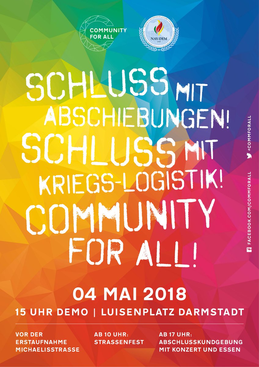il_darmstadt's tweet photo. Am 04. Mai auf die Straße: Gegen Abschiebungen und Kriegslogistik! Community for all! Ab 10 Uhr Straßenfest (Michaelisstr) und ab 15 Uhr Demonstration (Luisenplatz) in #Darmstadt 
#commforall #stopdeportation #RefugeesWelcome #fight4afrin #afrin #twitterkurds https://t.co/0pTsJLNVuT