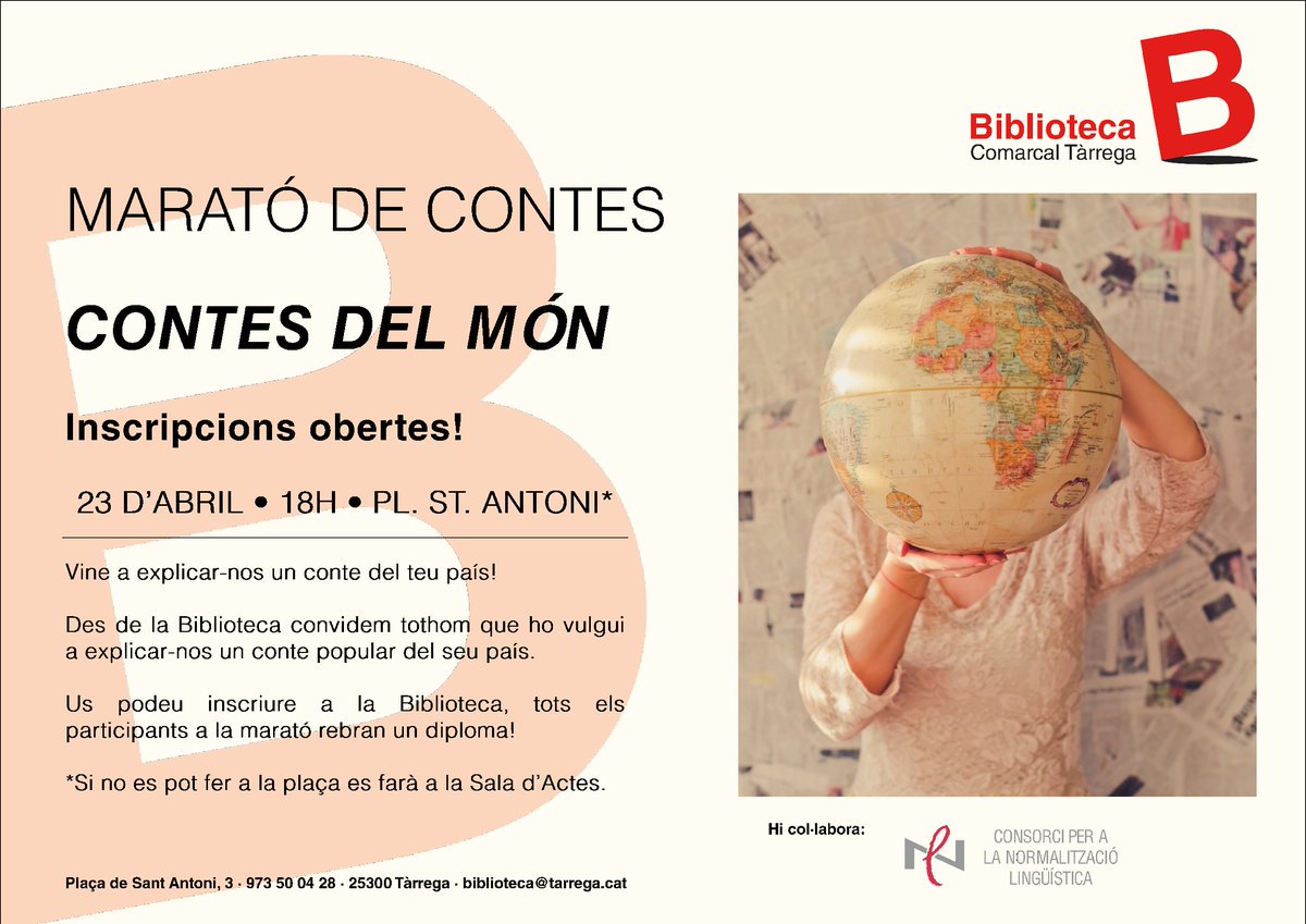 ajtarrega's tweet photo. AGENDA Avui #dilluns 23 d'abril, festa de #SantJordi, també podeu gaudir de la Marató de Contes del Món a les 6 de la tarda a la Biblioteca (@BibTarrega), amb la col·laboració de l'@AulaTarrega ➡️https://t.co/uZK5GSgm4l #Tàrrega #SantJordi2018 https://t.co/HKGdAleyMp