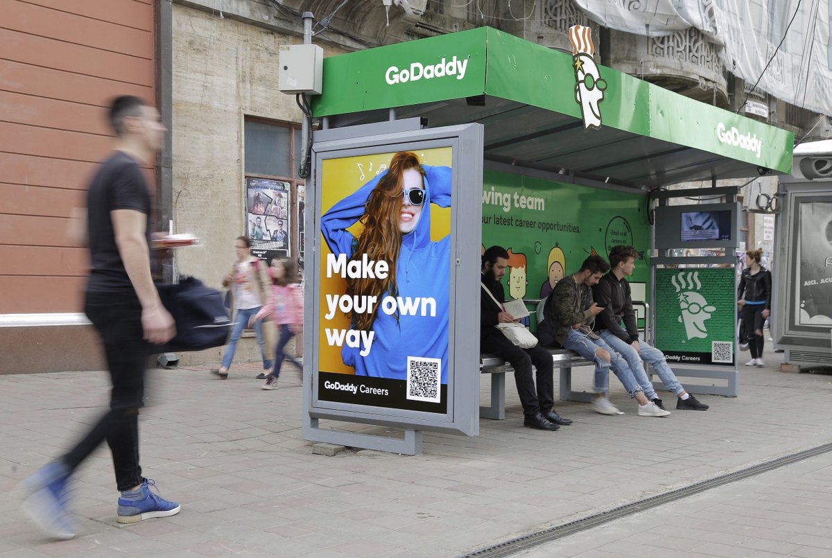 You can not miss this joyful transit shelter in #Iasi, Piata Unirii, which reflects the fun and friendly work environment at <a href="/GoDaddy/">GoDaddy</a> EMEA Romania. #statiiledinIasi