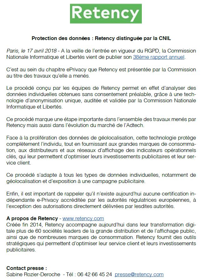 RetencyParis's tweet photo. #CP "Protection des données : @RetencyParis distinguée par la CNIL"
#Digital #Innovation #GDPR https://t.co/KOzX6371xb