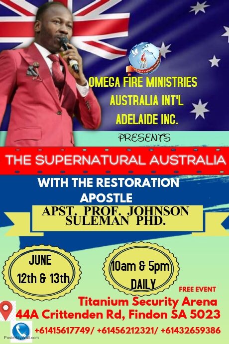 Paulchrissalaam's tweet photo. God servant coming to Aussie. It’s going to be heaven on Earth don’t miss it! #BreakingNews #aptjohnsonsuleman #propheticministry #ofmamerica #ofmaussie #ofmtulsa #ofm #johnsonsuleman #Godsevant #Jesussaves #salvation #delivers #BelieveInYourDreams #Adelaide https://t.co/CxmbE0dkN7