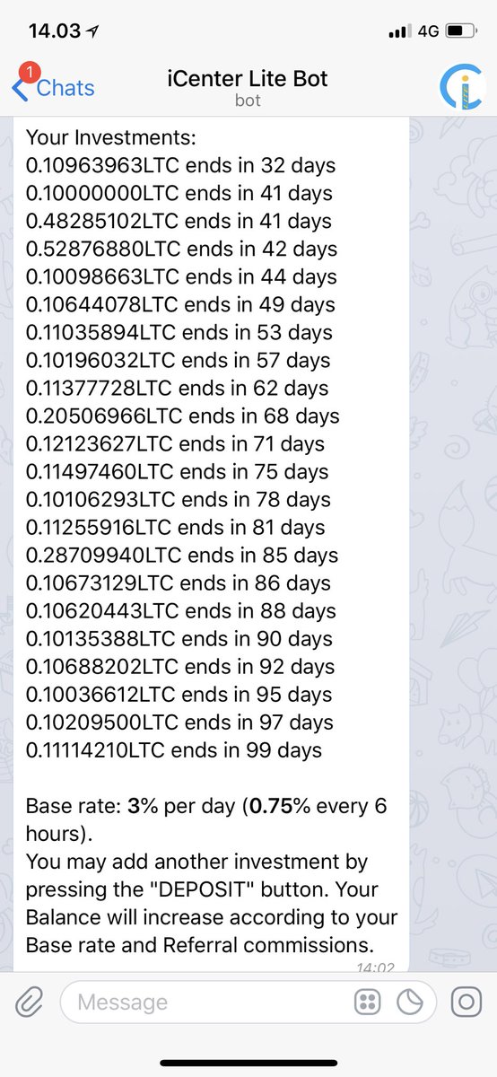 CryptoKingDK's tweet photo. Still going! 🤑
Almost 2 month has past since I invested in Telegram LitecoinBit(https://t.co/cg1J4ngbnF). 22 times had I reinvested into the bot and it still paying everyday!
Today and 3 days ahead they will pay every 3% each day!!! Don’t miss the apportunity🤑🤑

#CryptoKingDK https://t.co/V9rekiBrsO
