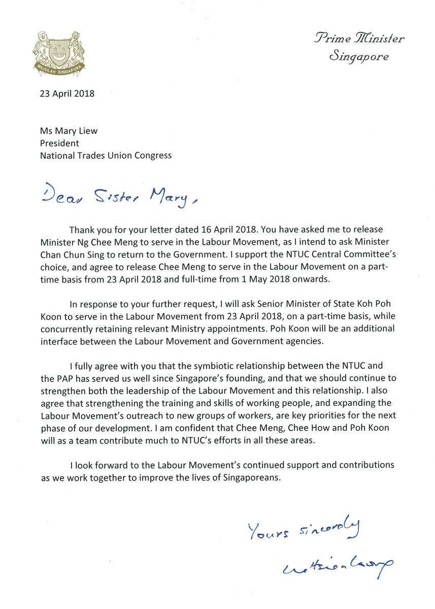 leehsienloong's tweet photo. Have agreed to NTUC’s request to send Ng Chee Meng to replace Chan Chun Sing as Labour Chief, as I intend to ask Chun Sing to return to the Govt. – LHL https://t.co/iT8KvJXoSN https://t.co/BQTGol3rfg