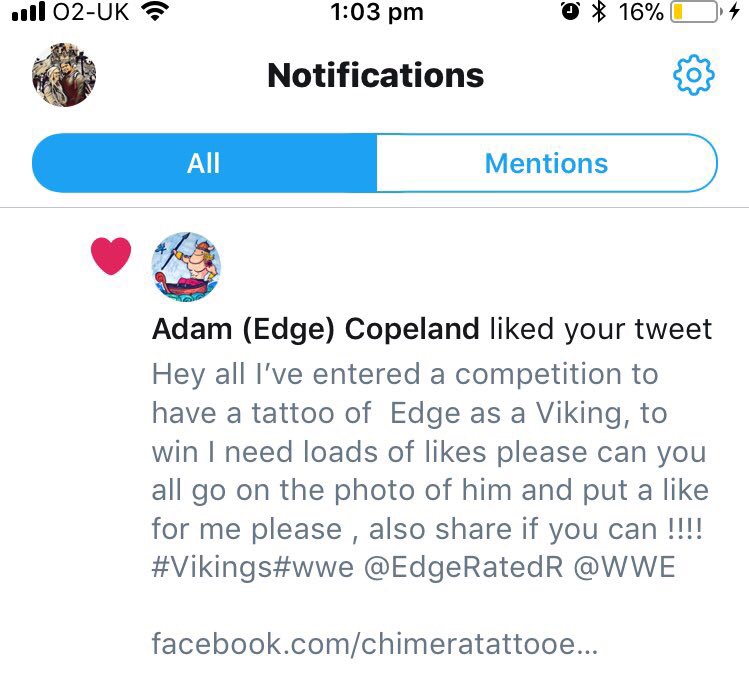 DanielDEllis134's tweet photo. That moment when @EdgeRatedR  likes your post about a competition you enter to have his face on your arm by @LeeJohnClements from  @ChimeraTattoos. I’ve even got his backing#feelingRatedR#cloud9#wwe#vikings https://t.co/CKmBTZgA2t