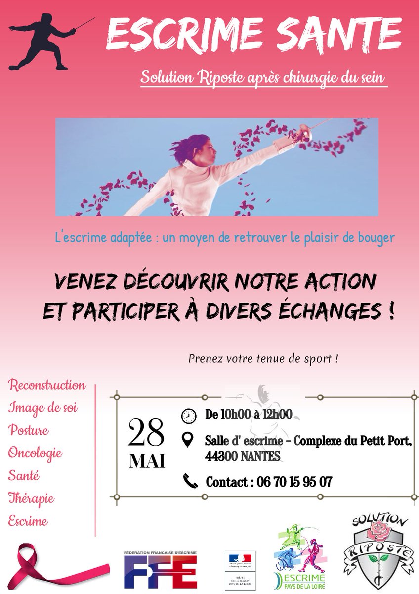pauline_apas's tweet photo. L'escrime santé après une chirurgie du sein : une rencontre le 28 mai de 10h à 12h à Nantes organisé par le Comité Régional d’Escrime des Pays de la Loire. > But : faire connaître la pratique et ses bienfaits dans le domaine de la santé ! #Escrime #Santé #Cancer #Sein https://t.co/jboMtym8g7