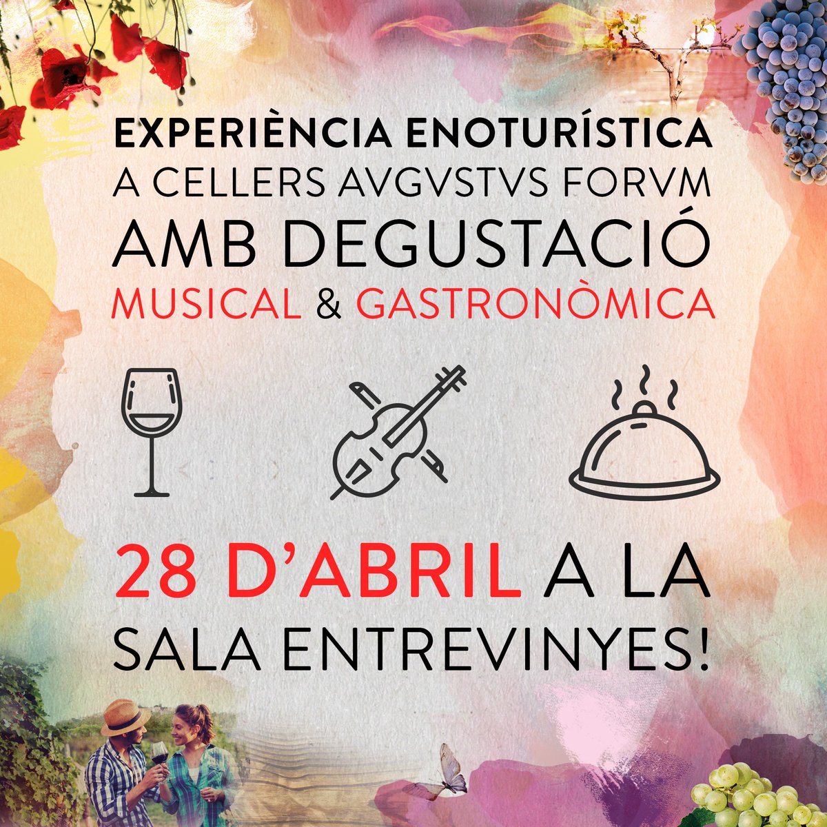 AvgvstvsForvm's tweet photo. 🍷🎻 Aquest dissabte 28 d'abril apunta't a una nova experiència #enoturística! No et quedis sense plaça! 30€/pax 😀🍷🎻 ☎️ Truca'ns al 977 666 910 https://t.co/L9vkbfnjYD
