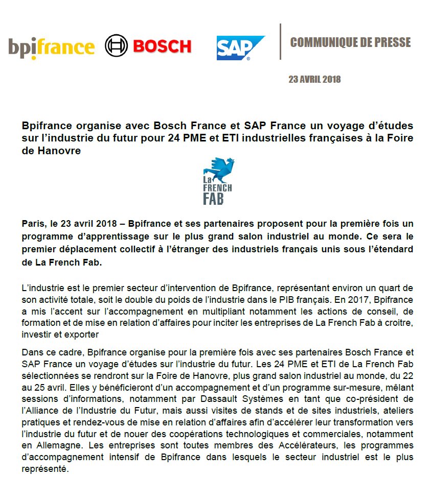 BpifrancePresse's tweet photo. A l'occasion de @hannover_messe, @Bpifrance organise avec ses partenaires @BoschFrance et @SAPFrance un voyage d'études sur l'industrie du futur pour 24 #PME et #ETI industrielles françaises https://t.co/wSeBjBwTwL  #FrenchFab https://t.co/tVKoNSlzgx