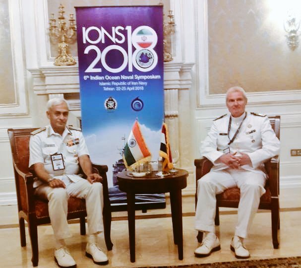 indiannavy's tweet photo. Admiral S Lanba CNS having a bilateral meeting with Vice Admiral Rob Kramer Commander of Royal Netherlands Navy at #IONS2018 https://t.co/HDGEqhrabC