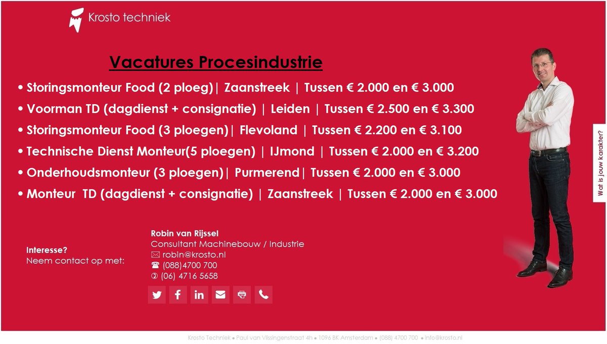 rbin1's tweet photo. Verse vacatures binnen de (Proces)industrie, reageer snel door je CV te sturen naar robin@krosto.nl of bel op 06-47165658. Hopelijk tot snel! https://t.co/pgVyoJFm0x