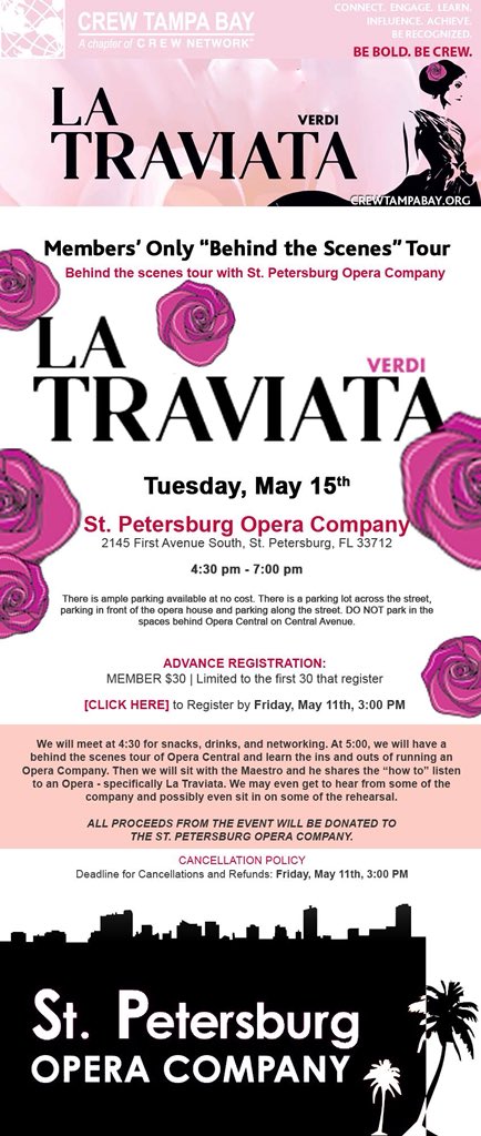Join CREW Tampa at its next Member's Only Event for a behind the scenes tour with St. Pete Opera Company! 

See link below for more information on the event and to register. 

download.crewnetwork.org/chapter_files/…