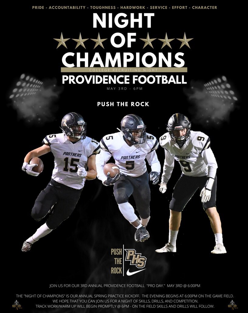 Prov_Football's tweet photo. Things are about to pick up over the next couple of weeks!!  Spring Practice and Night of Champions are just around the corner!!  NOC - May 3rd and Spring Kicks Off May 7th!!  #building29 #Panthers #PTR  @pepmancv @JasonPugheXOS @charlottepreps https://t.co/RYWpLCylGm