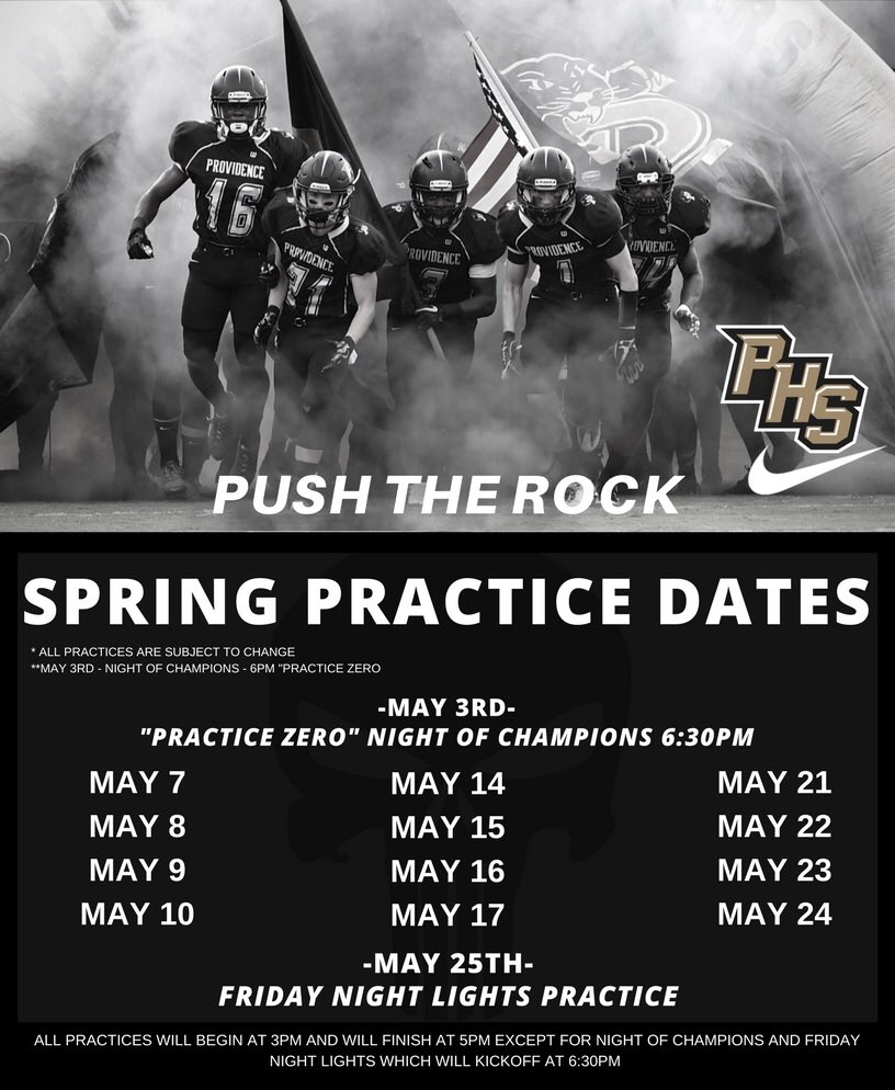 Prov_Football's tweet photo. Things are about to pick up over the next couple of weeks!!  Spring Practice and Night of Champions are just around the corner!!  NOC - May 3rd and Spring Kicks Off May 7th!!  #building29 #Panthers #PTR  @pepmancv @JasonPugheXOS @charlottepreps https://t.co/RYWpLCylGm