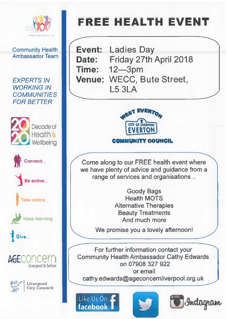 Ladies Day Health and Pamper Event this Friday (27th April) at WECC come along and get a lovely FREE goody bag! Take the opportunity to have a massage, a beauty treatment and even a Health MOT. From 12 - 3pm Totally free of charge!