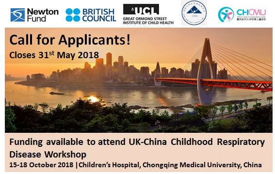 Call for Applicants: @UCL_ICH and Chongqing Children’s hospital are hosting a <a href="/Newton/">Newton</a> #Workshop for Early Career Researchers with an interest in Childhood #Respiratory Disease 15-18th October 2018. For a fully funded place submit applications by 31st May rlwk2018chongqing.com