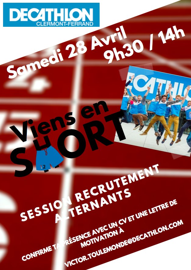 decathlon_clfd's tweet image. [ ALERTE RECRUTEMENT ALTERNANCE ]

Salut Twitter !

RDV en short le samedi 28 avril de 9h30 à 14h pour une session de recrutement collective hors du commun!

INSCRIPTION : lettre de motivation + CV à adresser à victor.toulemonde@decathlon.com

Bonne journée ! :-D