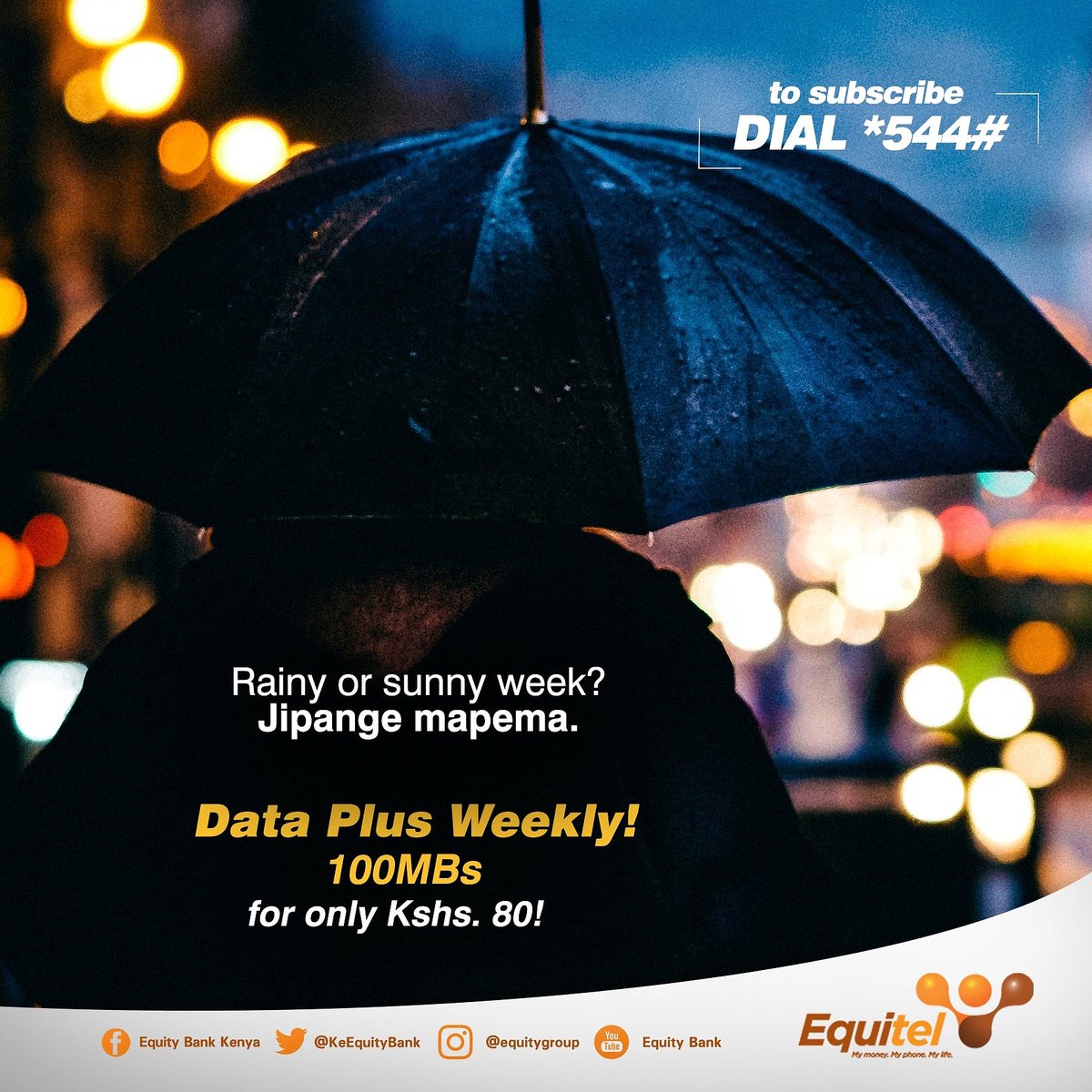AwinjaNyamwalo's tweet photo. Umeangalia weather updates online? Usinyeshewe baadaye useme sikukuambia. Get 100Mbs for only Kshs 80 instead of Kshs 110. Subscribe to Equitel's Weekly Data Plus bundles by dialing *544#. #2018NiKusave #SaveNaEquitel https://t.co/gZltkbjqWP