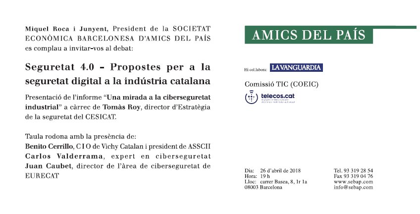 amicspais's tweet photo. [AGENDA] Aquest dj 26/04 el @cercle_cat, amb la col·laboració de @telecoscat i @Enginyeria, organitza un #debat sobre #ciberseguretat40 on es presentarà l'#informe "Una mirada a la #ciberseguretat en la #industria40". Reserva ara la teva plaça -> https://t.co/m3hfmi6JXS https://t.co/HJwW5d3Dej