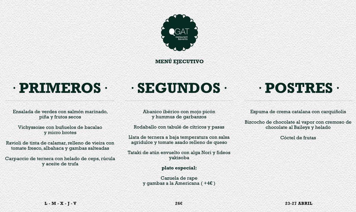 Hoy día de Sant Jordi, estrenamos nuestro menú de medio día, válido unicamente del 23 al 27 de Abril.
¡Te esperamos!