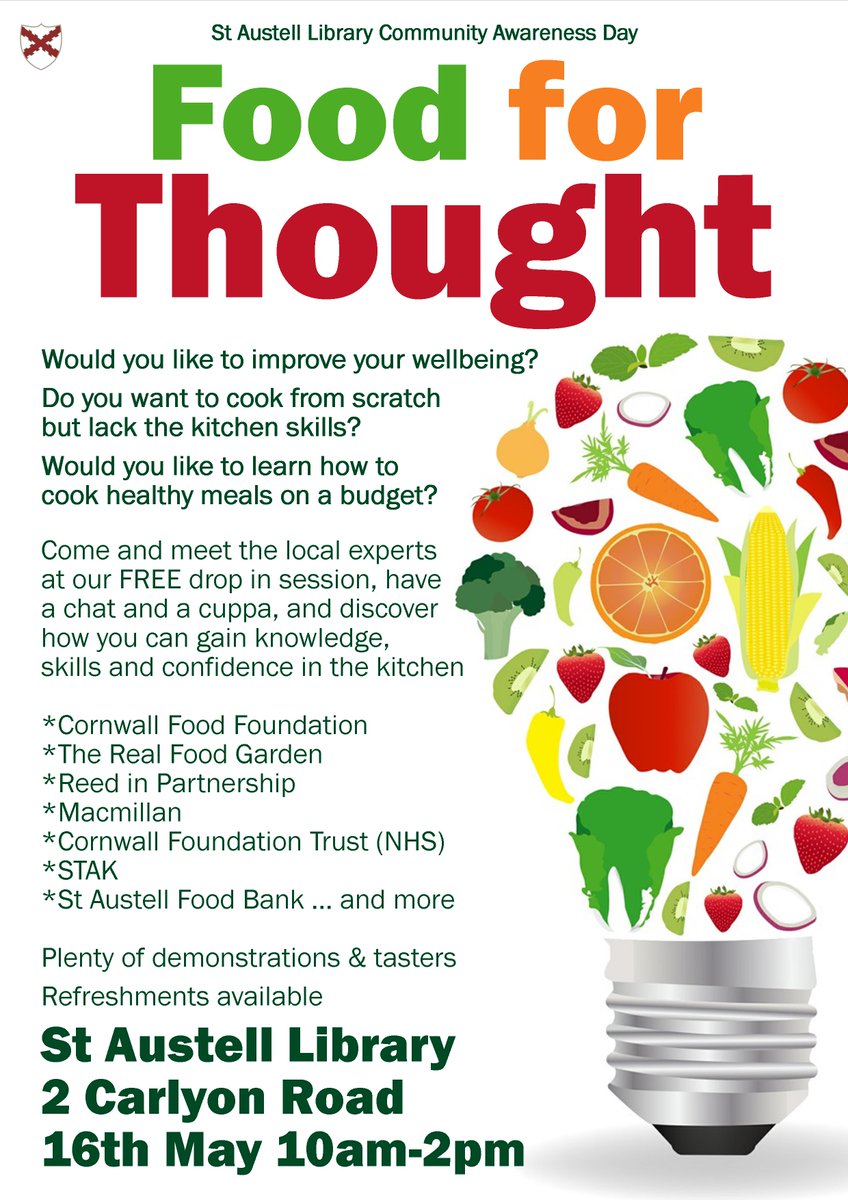 Want to learn how to cook healthy meals on a budget? We've teamed up with <a href="/STAKstaustell/">STAK St Austell</a>, <a href="/MacmillanKernow/">MacmillanKernow</a> and other amazing #Cornwallfood experts, to host a day of free cooking demos and tasters to get you cooking. Pop the date in the diary and see you there! #thinkfood