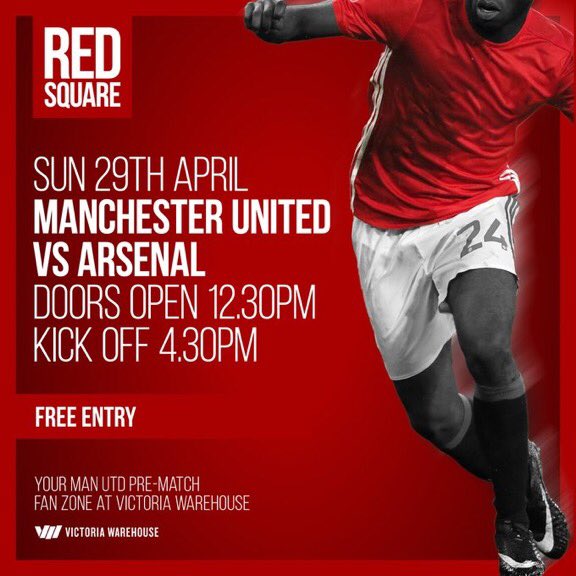 RedSquareMUFC's tweet image. *** PRE-MATCH BAR, OPEN FOR THE ARSENAL GAME! *** 

Free Entry!

Back by popular demand! Doors open from 12.30pm
Tickets: victoriawarehouse.com/whats-on-manch…

#ForTheFansByTheFans