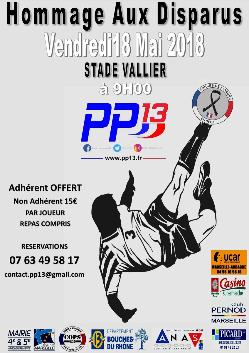 PartPol13's tweet photo. Un rendez-vous incontournable de l’association #PP13 : Le tournoi de #Football ⚽️ en #HommageAuxDisparus 🎗 de la @PoliceNationale.

📍Le 18 mai 2018, venez nombreux au #StadeVallier à @marseille ! https://t.co/S17dQZrIUS