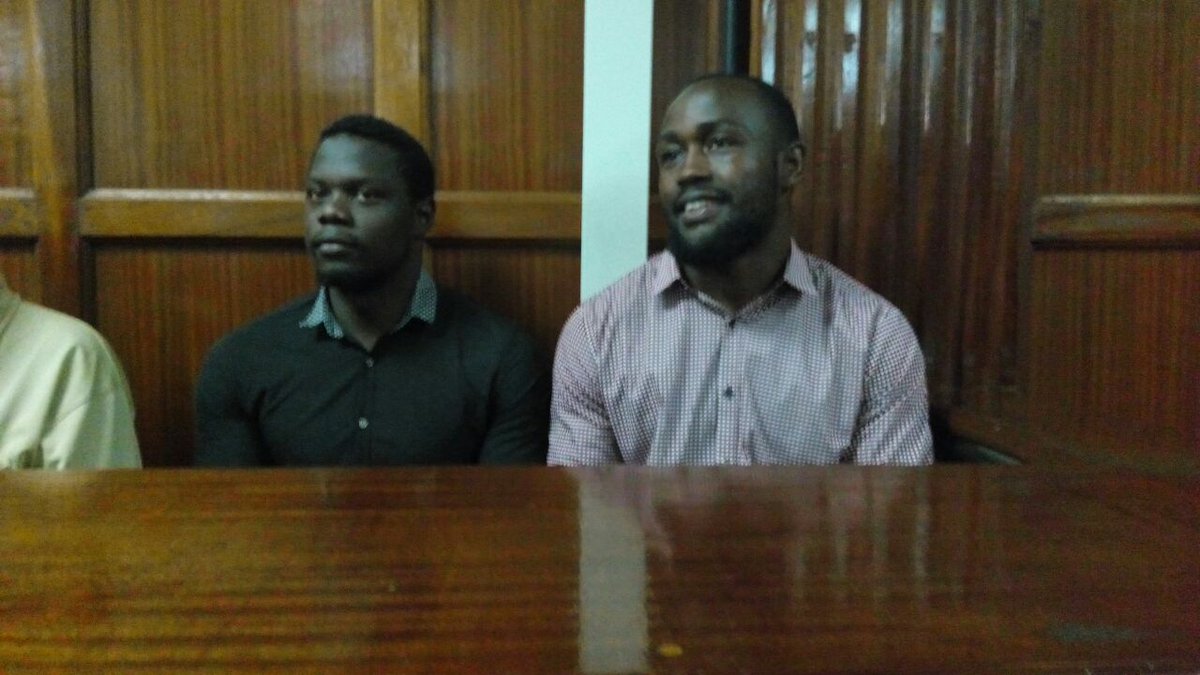 KinyanBoy's tweet photo. Rugby players; Frank Wanyama and Alex Olaba arraigned in Court.

Charge sheet: Gang Rape "Jointly intentionally and unlawfully caused their penis to penetrate the vagina of W.A without her consent" https://t.co/vKR6kHpZ9D