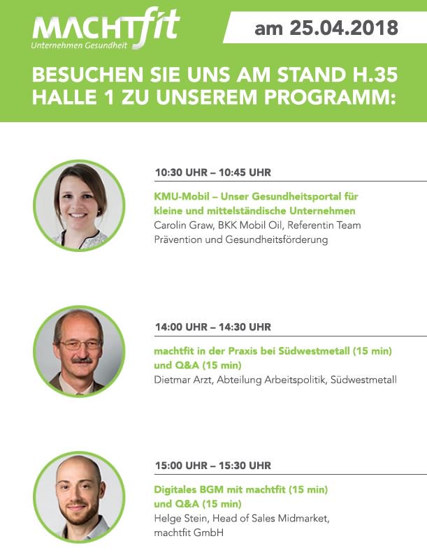 machtfit's tweet photo. Unser heutiges Vortragsprogramm am machtfit-Stand für Sie! H.35 Halle 1. Kommen Sie vorbei und erfahren Sie alles über #digitalesBGM #CHCD18 #zpsued18 @CHC_Messe https://t.co/eqkLl97KZZ https://t.co/Vjf8rg8fN1